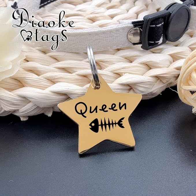 Stainless Steel Cat ID Tag Personalized Pet Tags with up to 4 Lines of Custom Text, Small Pet Mini Dog Cat Tag Lightweight, Engraved on Both Sides, Multiple Patterns Colors Size Options (Star Icon)