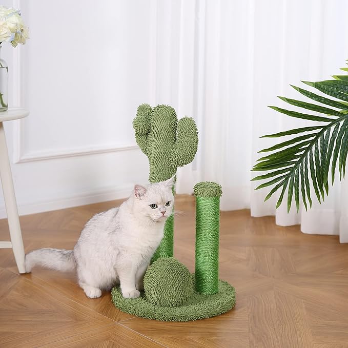 Amazon Basics Cat Scratcher - Indoor Cactus Triple Posts Cat & Kittens Scratching Post with Dangling Ball, Small (22.4" H) - Green