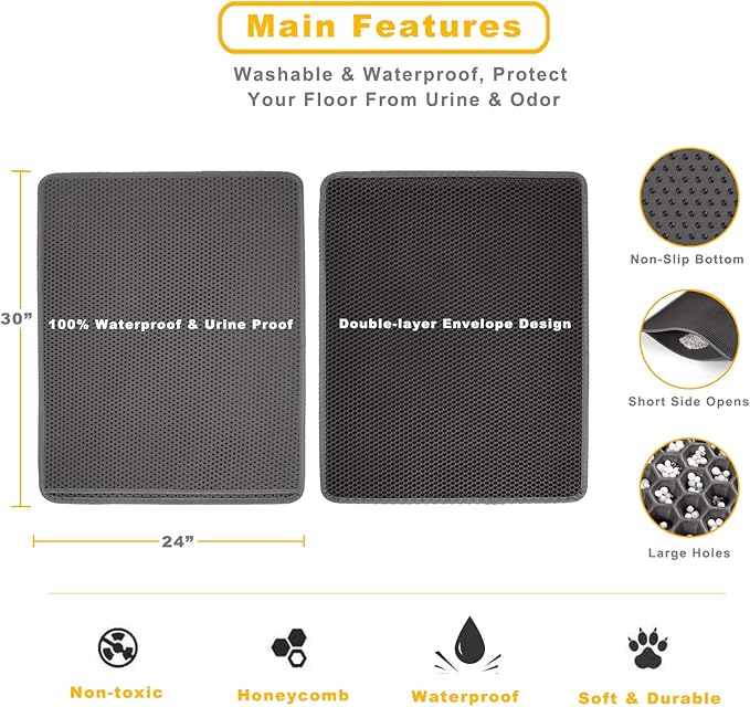 Cat Litter Mat 30" x 24" LARGE Size, Urine Proof Waterproof Sleeping Pad, Premium EVA No Phthalate, Washable Easy Clean, Trapping for Litter Box Anti Tracking Kitty Mats Gray