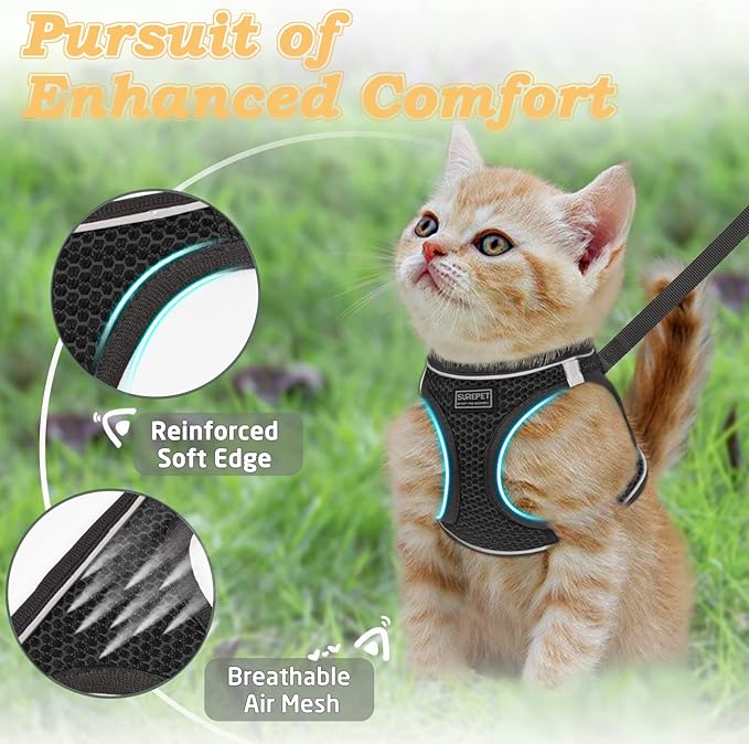 Cat Harness and Leash for Walking Escape Proof, Adjustable Kitten Vest Harness Reflective Soft Mesh Puppy Harness for Outdoor, Comfort Fit, Easy to Control (Black, S)