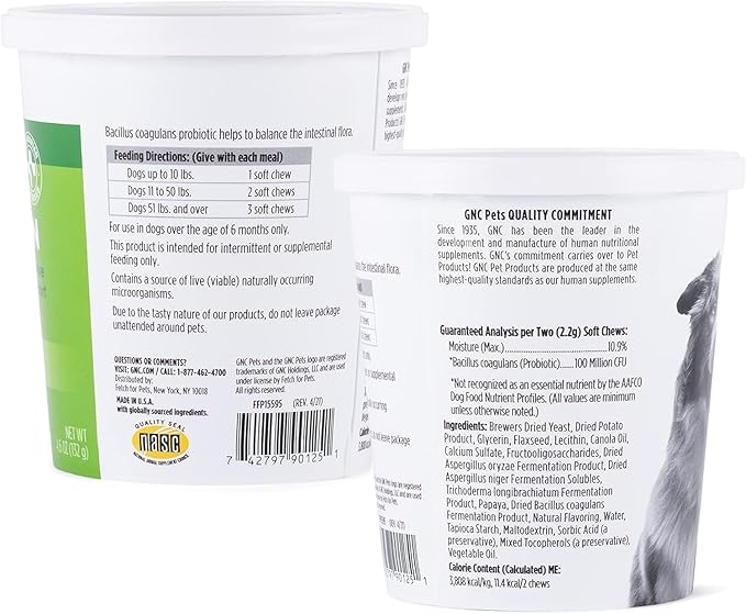 GNC Pets Essentials Dog Probiotic Soft Chews for Digestive Support, Bacon Flavor Daily Supplement with Prebiotics, Probiotics and Enzymes for Puppies and Adult Dogs in Reusable Jar, 60 Count - 3 Pack