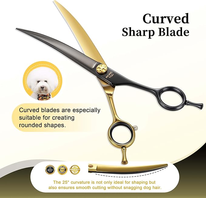 7.5'' Curved Dog Grooming Scissors CNC 440C Blades Sharp and Durable Black and Gold Dog Shears Smooth Cutting Easy to Use for Professional Groomer