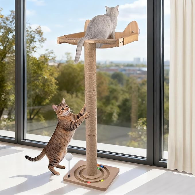 Cat Window Perch with Tall Sisal Scratching Posts, 45" Adjustable Cat Tree Hammock with 3 Strong Suction Cups, Cat Window Bed for Inside Sleeping, Playing and Birds Watching (Drilling-Free)