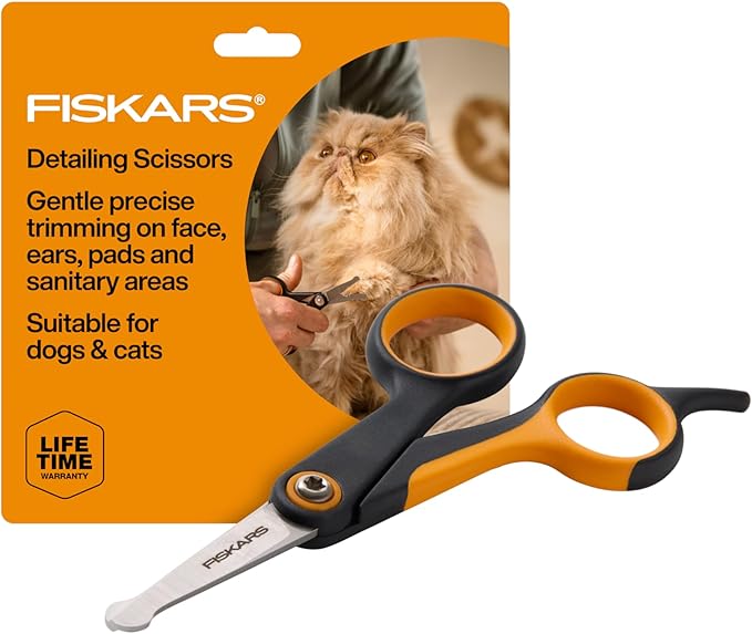 Fiskars Pet, Dog & Cat Grooming Scissors, Rounded Tips & SoftGrip Handle, Cat and Dog Supplies, Orange/Black, Detailing Scissors