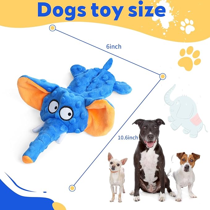 Adorable Elephant Design Dog Squeaky Toys, No Stuffing for Safety, Sounds in Multiple Places for Fun, Soft and Durable Double-Layer Fabric, Tough Dog Toys for Small and Medium Dogs (Blue)