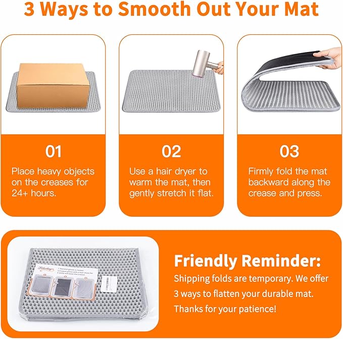 Cat Litter Box Mat for Small Cats, Double Layer Honeycomb Cat Litter Trapping Mats, Waterproof Urine Proof Non-Slip Litter Pad for Indoor Kitty Cat Litter Rug, Easy to Clean Grey (23.6'' x 14.9'')