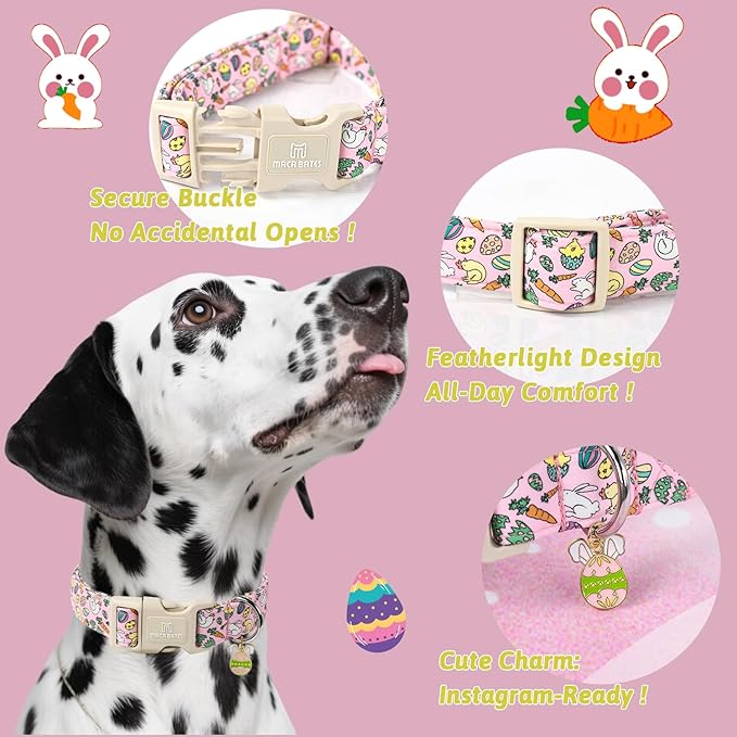 Maca Bates Easter Day Dog Collar Egg and Bunny Chicken Dogs Collars Soft Durable Cute Adjustable Pink Eggs Collor Easters Rabbit Gift for Small Boy Girl Male Female Puppy and Pet