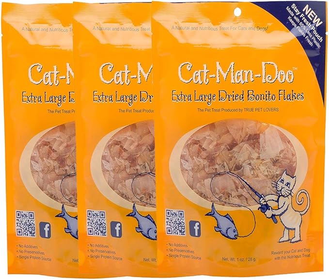Life Essentials by Cat-Man-Doo Cat Treats & Food Topper – Bonito Fish Flakes for Cats, Healthy Single Ingredient Cat Snacks – 1 oz (3 Pack)