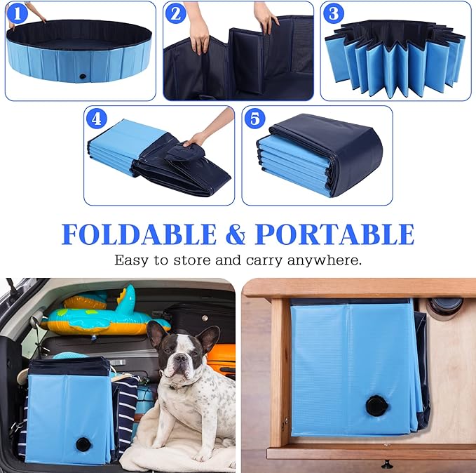 Foldable Dog Pool, Portable Pet Bath Tub and Kiddie Swimming Pool, Collapsible Bathtub for Puppies, Small, Medium and Large Dogs, Cats and Kids, 63 x 12 in, Blue