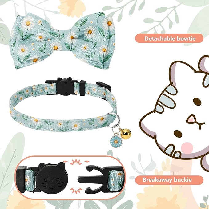 JarThenaAMCS 3 Pcs Daisy Flower Cat Collar with Breakaway Bell Bow Tie Pink Blue Black Floral Adjustable Kitten Collars for Spring Summer Girl Boy Cats Small Pet Party