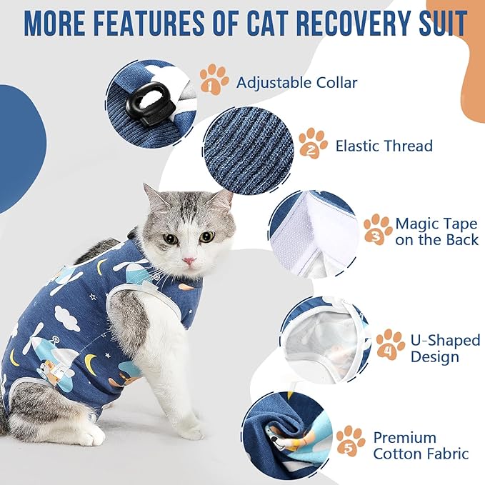 SlowTon Cat Recovery Suit - Cat Onesie for Cats After Surgery Female Male, Kitten Clothes Cats Surgical Spay Suit Abdominal Wounds, E-Collar Alternative Bodysuit Shirt Anti-Licking (Navy, L)