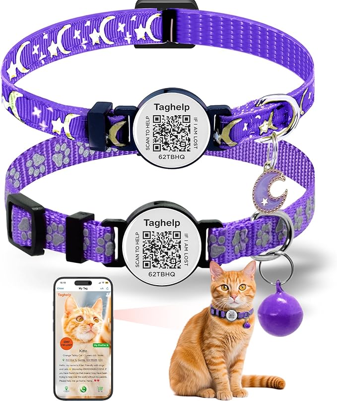 Smart Safety Cat Collar 2-Pack: Luminous Night Glow & QR Code Pet ID Tag, Breakaway Reflective Adjustable Collar (7.5-12.5”) for Indoor/Outdoor Cats, Purple