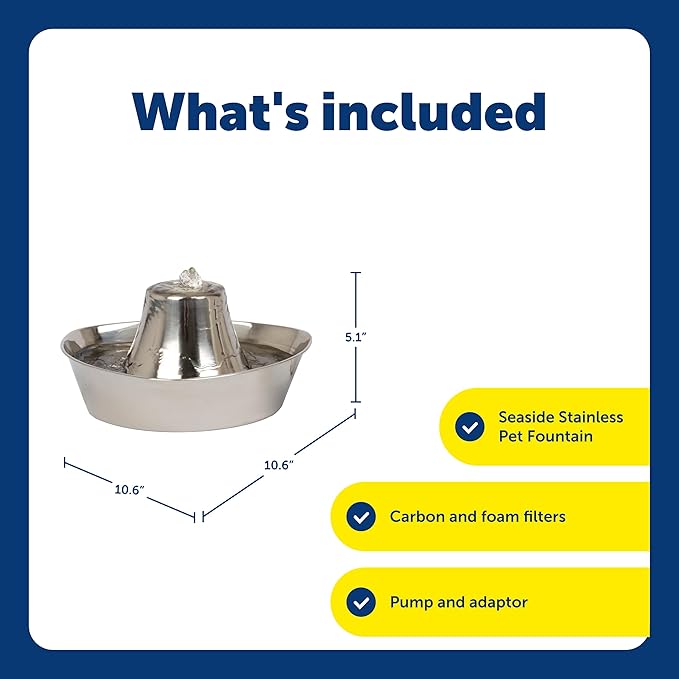 PetSafe Seaside Stainless Pet Fountain - Encourages Hydration - Dual Filtration Removes Odors - Compact Design - Rust Resistant Material - Quiet Motor -