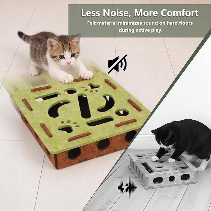 Felt Cat Nail File Enrichment Box, Soft Scratch Puzzle with Sandpaper Surface, Stress Free Nail Care Alternative, Interactive Maze Scratcher with Bell Ball for Indoor Cats