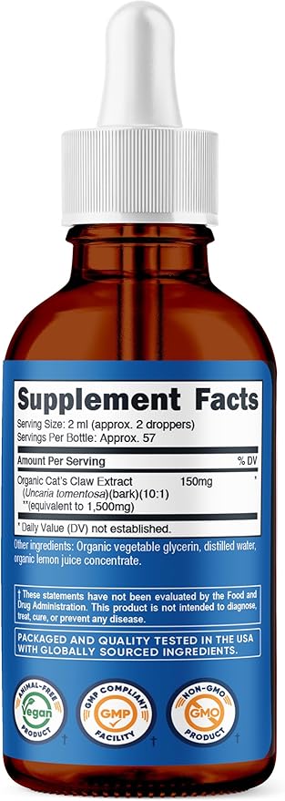 Nutricost Organic Cat's Claw Liquid Drops (1,500mg Equivalent) 3.8 Fl Oz - Uncaria Tomentosa, USDA Organic, Vegan-Friendly, GMO-Free, Gluten-Free, 57 Servings