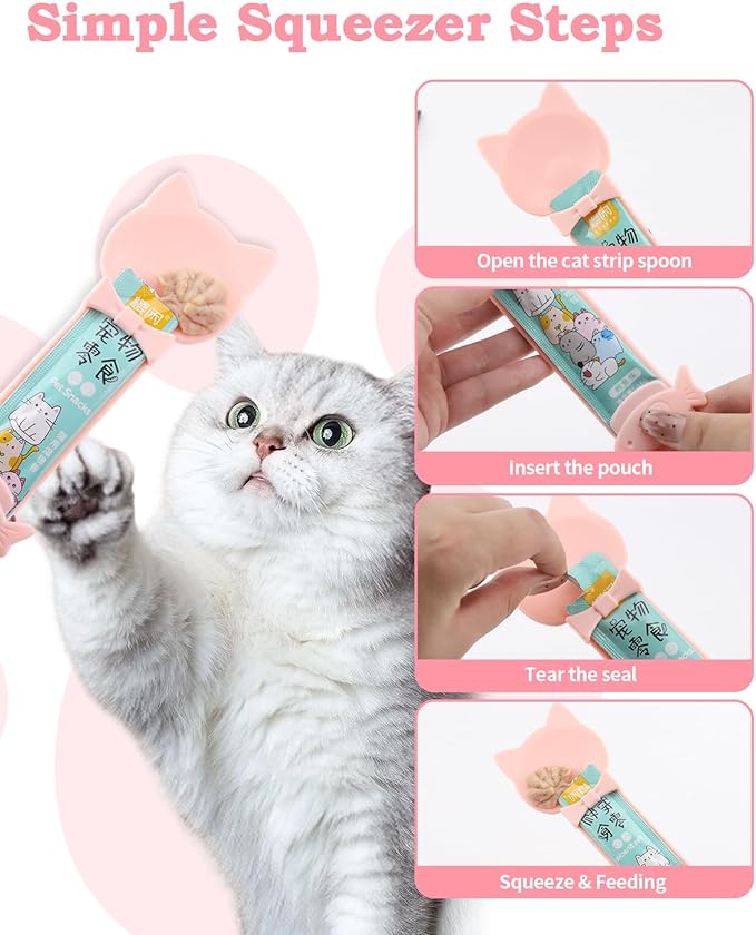 6 PCS Cat Food Can Covers Set, Reusable Silicone Can Lids with Opener, Stainless Steel Wet Food Spoon & Cat Treat Squeezer for Pet Feeding and Storage, Fits Cats & Dogs (Black Pink)