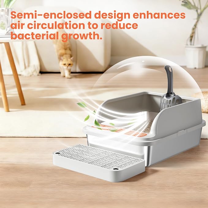 Stainless Steel Cat Litter Box, Metal Kitty Litter Box Includes Litter Mat & Scoop, Easy Cleaning Anti-Scratch Kitty Cat Box Anti-Urine Leakage, Non-Sticky, Perfect for Small Cats, Light Gray
