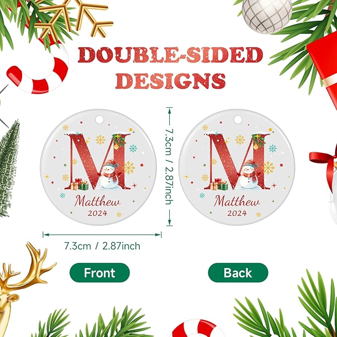 Name Ornaments for Christmas Tree, Custom Initial Monogram Snowman Ceramic Ornament for Kids Boys Girls, Monogrammed Christmas Ornaments 2026