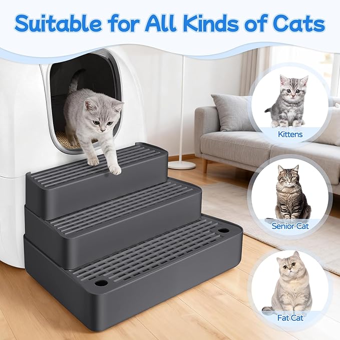 Extra Large 3 Steps Litter Box Ramp, Adjustable Cat Litter Box Step with Filter Function, Easy to Clean Cat Litter Stair Catcher for Elderly Cats and Kitten (Dark Grey)