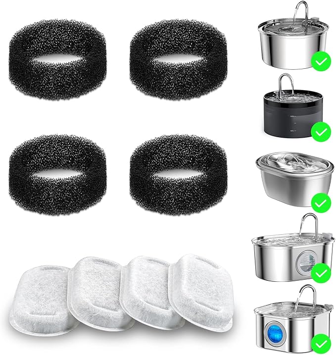 Wonder Creature 8 Pack Cat Water Fountain Filter Replacement, 4+4/8+8/12+12/16+16 Pack for Stainless Steel Cat Water Fountain 2L/67oz and 3.2L/108oz, 4 Carbon Filters & 4 Pre-Filter Sponges