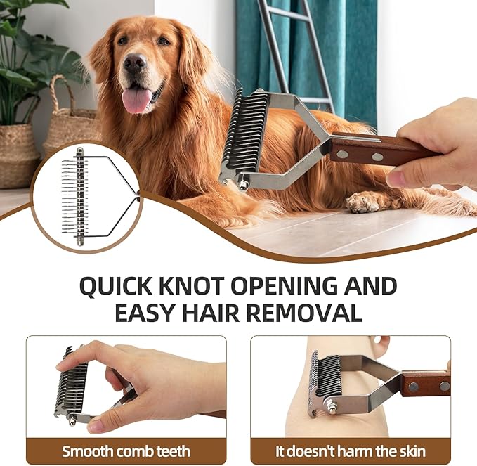 Large 2-Sided Undercoat Rake for Dogs and Cats，Professional Pet Grooming Shedding Tool Combs for Animals，Stainless Steel with Wooden Handle for Thick Coats (20-Blades)