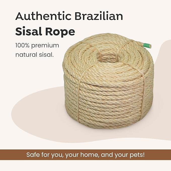 Premium Brazilian Sisal Rope, Natural Fiber 100% Sisal, Ultra Durable, Chemical-Free, Ideal for DIY, Cats, Scratching Post Replacement, Home Decor, Garden, Crafting (3/8” 50 ft / 9.5mm 15m)
