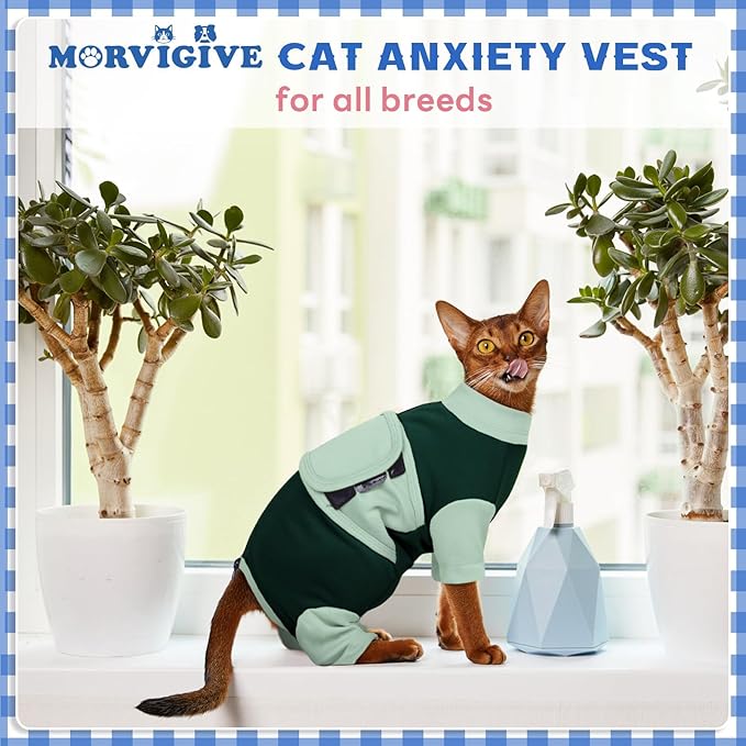 Cat Apparel for Small Cats, Adjustable Relief Vest with Zipper, Suitable for Thunderstorms, Fireworks, Separation, Travel, Anti-Anxiety Comfortable Wrap to Keep Pet Calm, Green Small