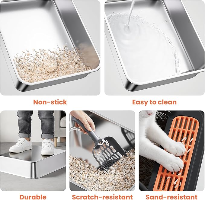 Stainless Steel Cat Litter Box, Metal Kitty Litter Box Includes Litter Mat & Scoop, Easy Cleaning Anti-Scratch Kitty Cat Box Anti-Urine Leakage, Non-Sticky, Perfect for Small Cats, Black