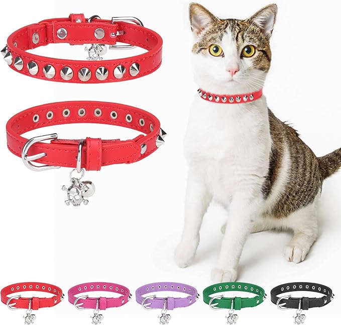 Leather Cat Collars for Boy Girl Cats with Bell and Safety Elastic Belt, Personalized Rivets Stud Adjustable Safe Buckle Collar with Skull Charm for Kitty Small Pets