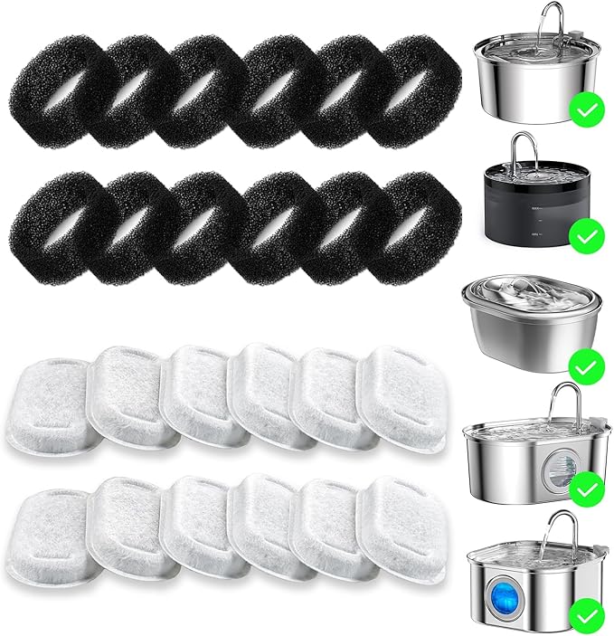 Wonder Creature 24 Pack Cat Water Fountain Filter Replacement, 4+4/8+8/12+12/16+16 Pack for Stainless Steel Cat Water Fountain 2L/67oz and 3.2L/108oz, 12 Carbon Filters & 12 Pre-Filter Sponges
