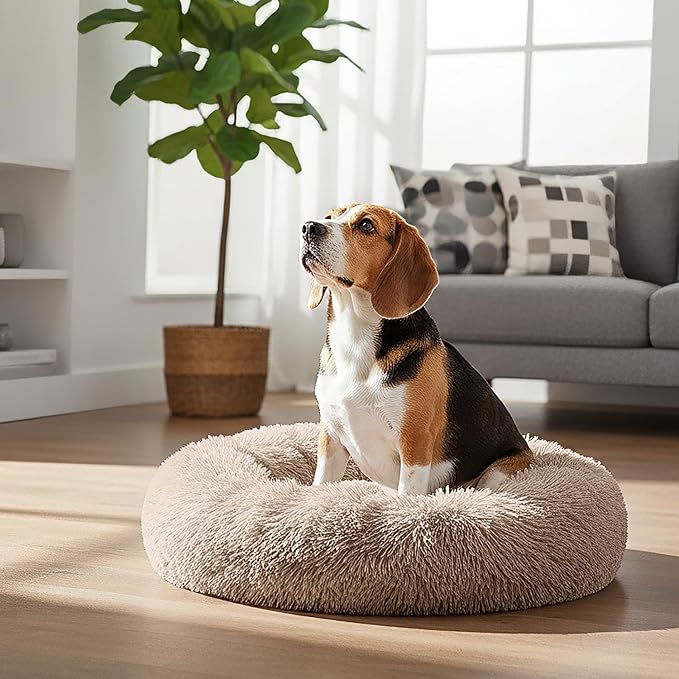 PetAmi Calming Dog Bed for Small Medium Dog Cat, Round Donut Dog Bed Washable, Fluffy Faux Fur Plush Cuddler Pet Kitten Cushion Bed, Anti-Slip, Fits up to 45 lbs, 30 inch, Taupe