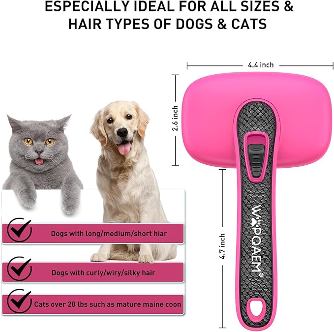 Self Cleaning Slicker Brush for Dog, Cat, Skin Friendly Shedding & Grooming Tool for Long and Short Haired Pets, Easy Clean Retractable Bristles, Pink