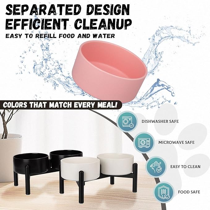 Raised Ceramic Dog Bowl Set - Elevated Double Dishes with Stainless Steel Stand - Food and Water Bowls for Small to Medium Dogs - Each Holds 2 Cups (28.75 fl oz) - Pink