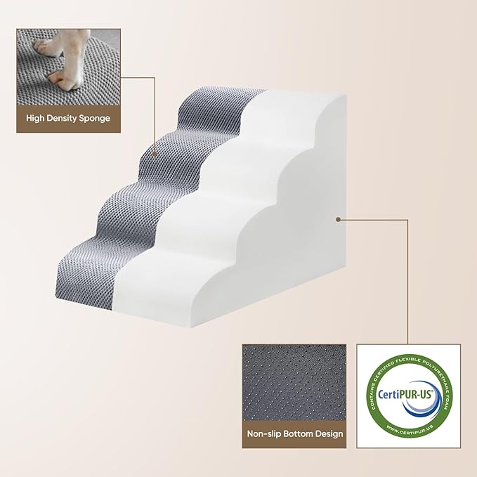 PAWSCART Dog Stairs for Small Pets, 17.7" H with 30D Material Soft Foam, Portable Ramp Non-Slip Surface Non-Slip for Couch and High Bed Climbing, 3-Step Stairs for Cat or Dog, LightGrey