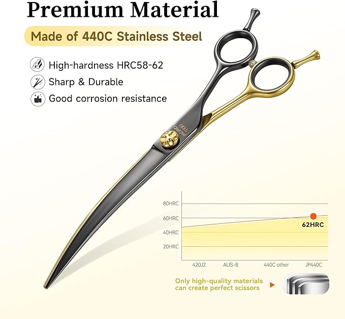 7.5'' Curved Dog Grooming Scissors CNC 440C Blades Sharp and Durable Black and Gold Dog Shears Smooth Cutting Easy to Use for Professional Groomer