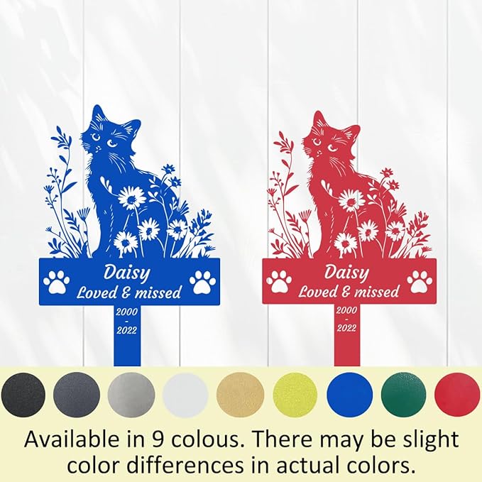 Personalized Flowers Cat Memorial Stake Grave Marker, Custom Pet Cat Memorial Grave Marker Stake with Paws, Customized Cat Garden Stake Memorial Metal Sign Remembrance Yard Burial Stake