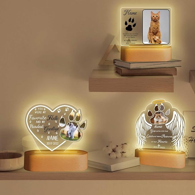 Personalized Pet Night Light Customized Dog Memorial Gift Picture Frame Acrylic Plaque Led Lamp Cat Sympathy Gift for Loss of Pet(Cat Paw Heart)