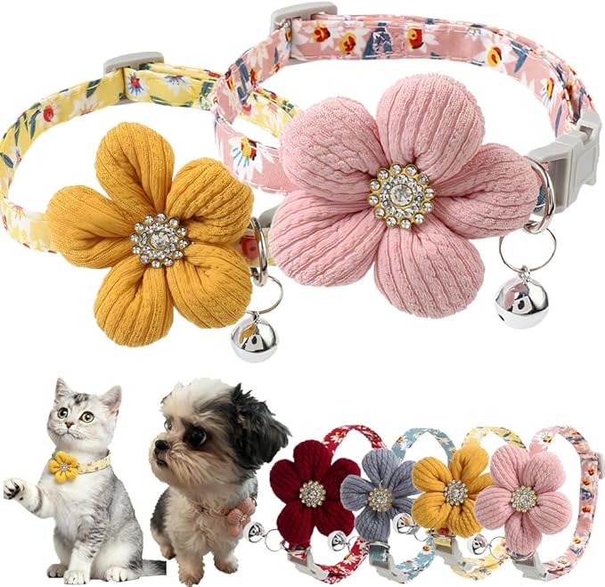 Cute Puppy Collar for Girl, 2 Pack Small Dog Collar with Flower XS Dog Collars for Female Dogs Floral Cat Collar with Bell Adjustable for Tiny Little XXS Extra Small Pets Kittens Dogs, XSmall