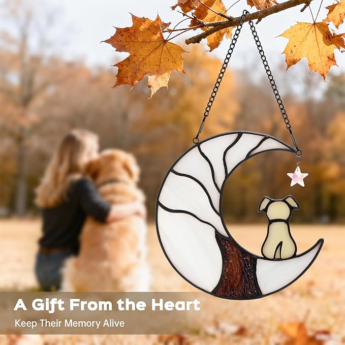 Dog Memorial Suncatcher, Handmade Stained Glass Window Haninging Suncatcher, Pet Memorial Gift for Cat Loss, Sympathy Valentine's Day Gift with Moon & Tree of Life for Pet Lovers