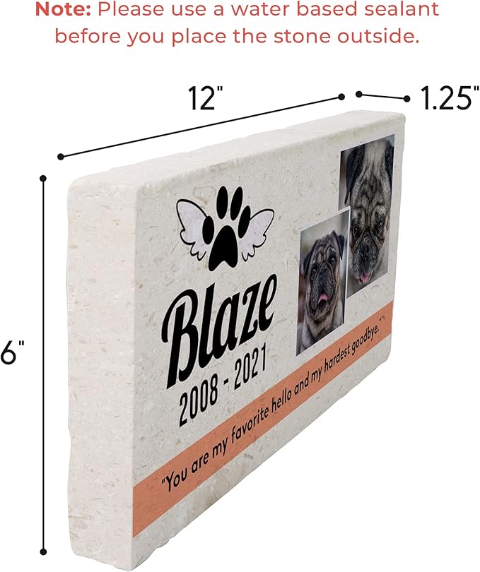 Personalized Pet Memorial with Keepsake Photo on Limestone - Headstones, Garden Stones, and Grave Markers for Dogs - Dog Memorial Stone, Pet Memorial Gifts - 12”x 6”x1.25" C (C. Blaze Design)