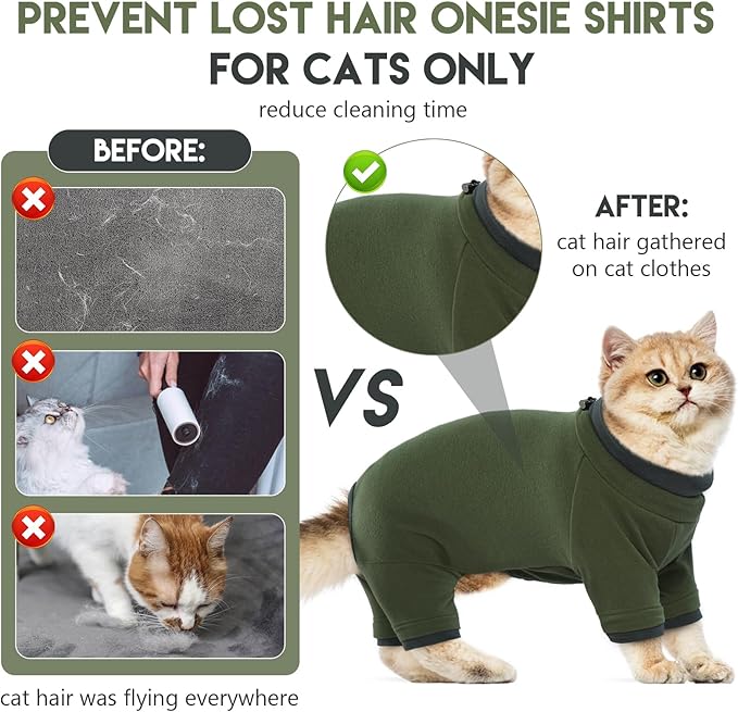 Sticky Cat Clothes Stretchy, Sphynx Hairless Sweater & Pajamas for Cats only, Soft Cat Onesie for Cats After Surgery Female Male & Hair Loss Prevention, Green S