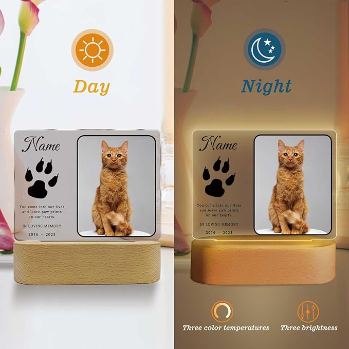 Personalized Pet Night Light Customized Dog Memorial Gift Picture Frame Acrylic Plaque Led Lamp Cat Sympathy Gift for Loss of Pet(Cat Paw)