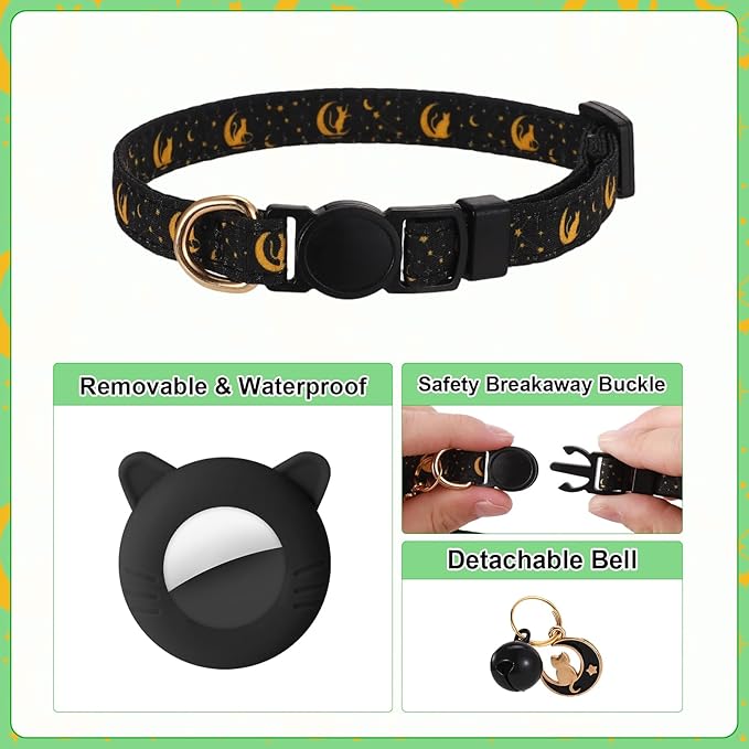 3 Pack Airtag Cat Collars Breakaway Moons Stars Cat Collars with Air Tag Holder and Bells Adjustable Safety Kitten Collars for Girl Boy Cats