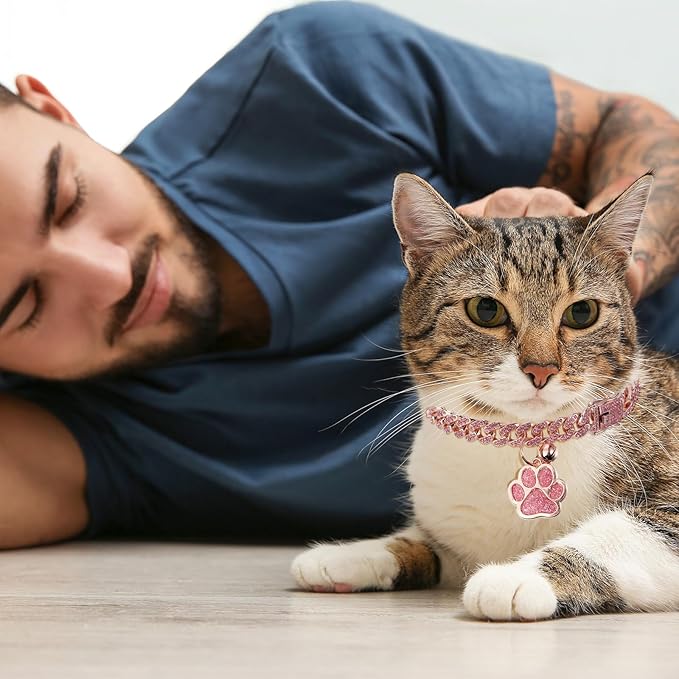 Hillban Cat Collar Diamond Chain Glitter Collar Walking Metal with Secure Buckle Cat Pet Necklace with Paw Charm and ID Tag Bell Link Cuban Jewelry Accessories Gift(12 Inch,Rose Gold, Pink)