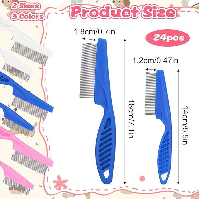 24 Pcs Flea Comb for Dogs and Cats Flea Remover Tool with Stainless Steel Metal Teeth for Detangling Grooming Kit, Pink, Blue and White, 2 Sizes
