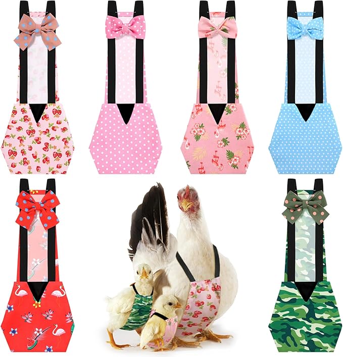 DoubleFill 6 Pcs Chicken Diapers for Indoor Chickens Reusable Washable Duck Diapers with Bowtie Adjustable Ducklings Pet Poultry Potty Training Clothes for Rooster Chicken Geese(Cute,L)
