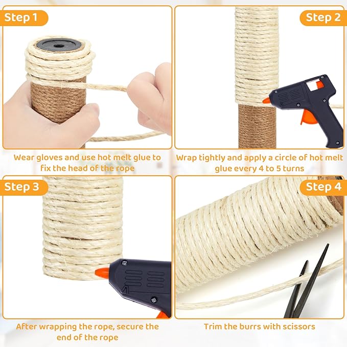 Natural Sisal Rope for Cat Scratcher Tree Thick 5-mm 1/5 Inch by 50 Feet, Cat Tower Climbing Twine for Cat Scratching Post Replacement, Scratch Post Repairing, Replace, Recovering and DIY, White