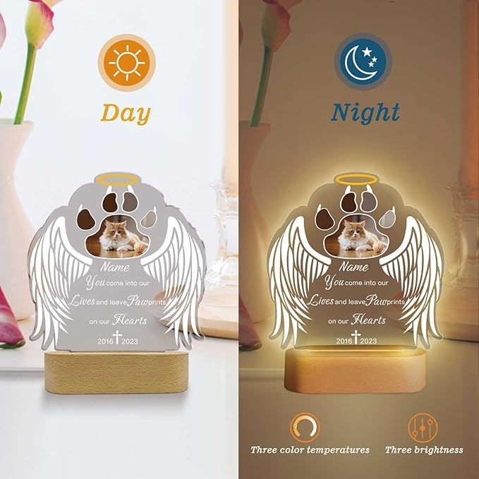 Custom Pet Memorial Night Light Gift Personalized Dog Cat Acrylic Plaque Photo Frame Sympathy Gift Condolence Gifts with Picture Name Date(Cat Paw Wing)