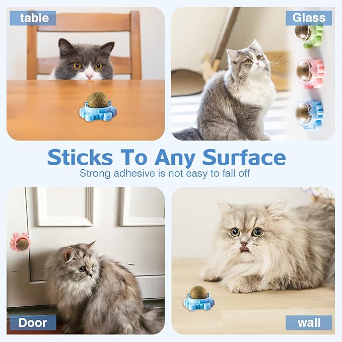 4 Packs Catnip Ball for Cats, Lickable Cat Toys Wall Mount with 360° Rolling & Spinning, Organic Cat Nip Chew Toys for Teeth Cleaning, Mint Magic Catnip Ball Toy for Indoor Cats