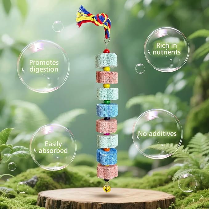 3 Pack Bird Chewing Toy,Lava Calcium Bird Beak Grinding Stone with Bell Hanging Parakeet Cage Accessories for Parrot Budgies Hamster Chinchilla Rabbit African Grey